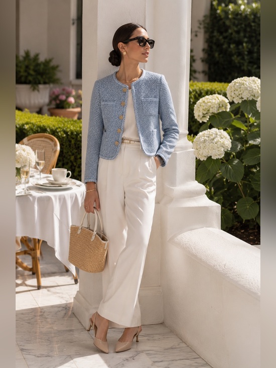 Goelia Jackets & Blazers - GOELIA Blue White Jacquard Tweed Jacket Sz XL Gold Button Cropped Bouclé Blazer